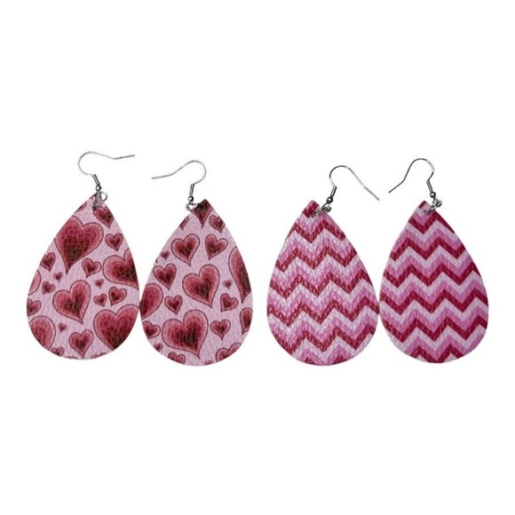 Jewelry - Earrings Heart Chevron Love Earrings Valentines Dangle Faux Leather Red Pink B1